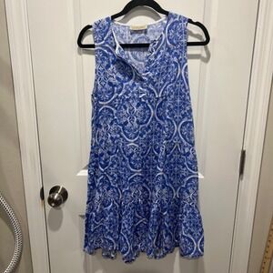 Positano Couture Blue White Tile Print Tiered Ruffle Linen Dress Size S